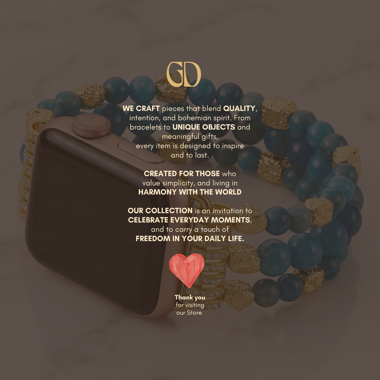 Blue apatite apple watch band with gold tone beaded stretch bracelet
