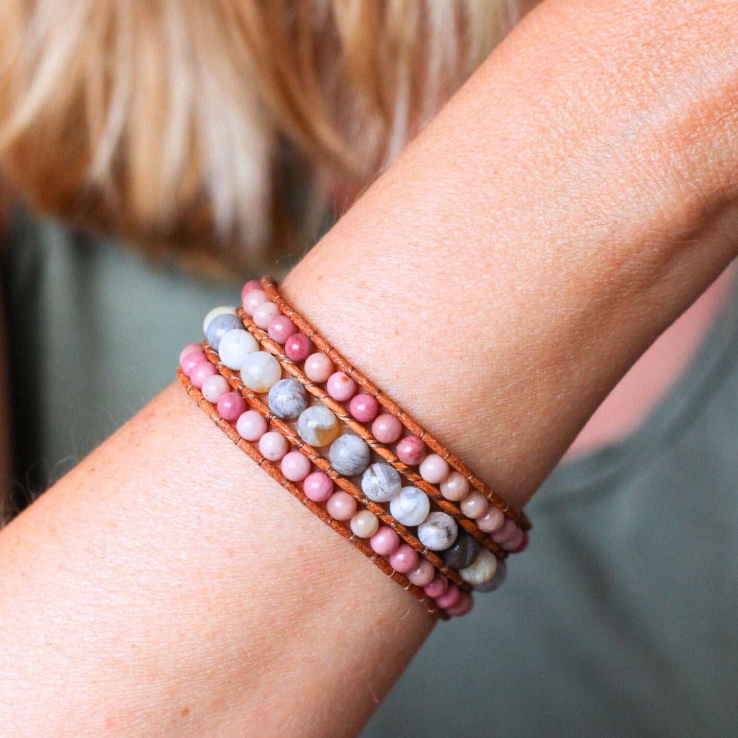 Rhodonite Agate Vegan Leather Bracelet