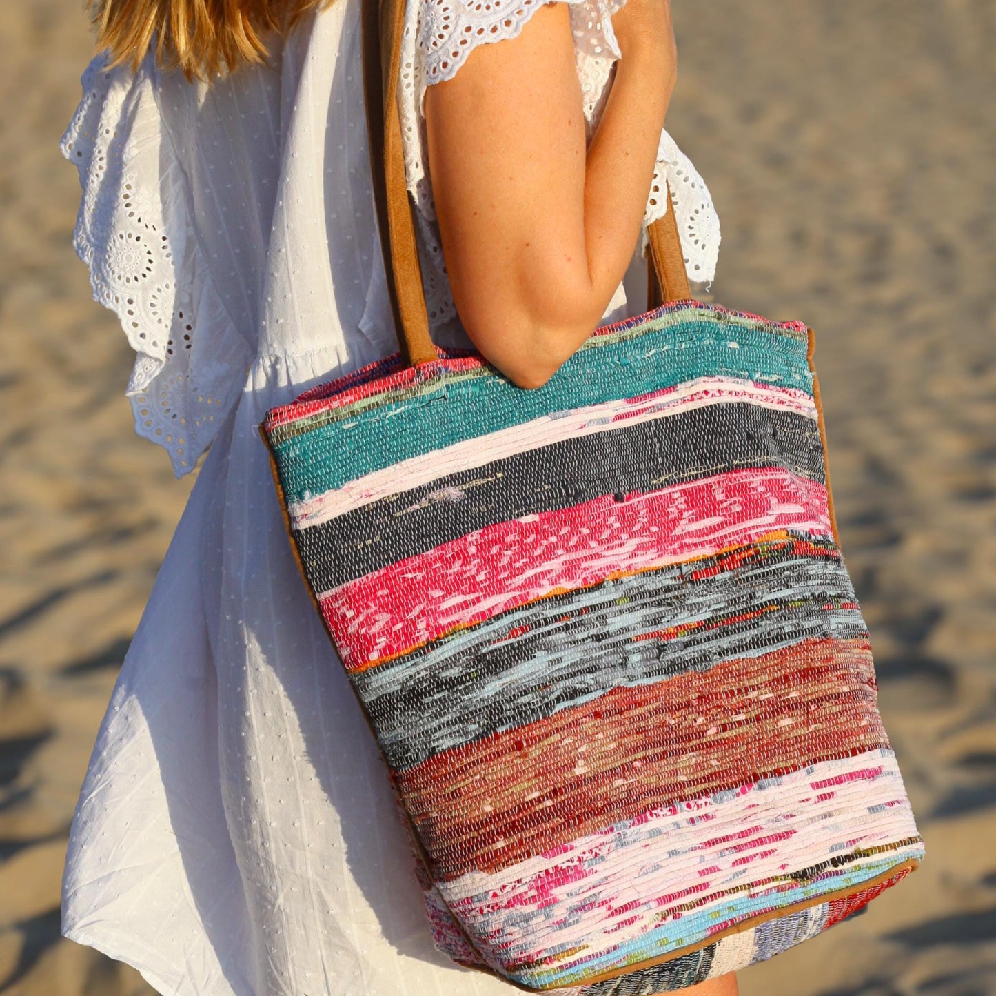 Boho Woven Cotton Tote Bag with Zipper