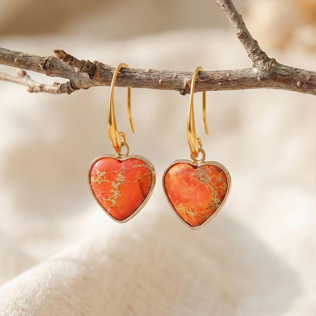 Heart Stone Drop Earrings in Gold Tone with Colorful Natural Stone for Everyday Boho Style