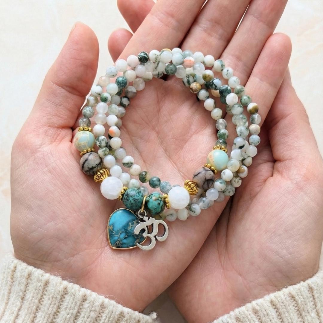 Green Gemstone Necklace with Om Charm. Turquoise Heart Natural Stone. Valentine Gift for Her