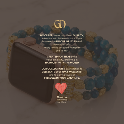 Blue apatite apple watch band with gold tone beaded stretch bracelet