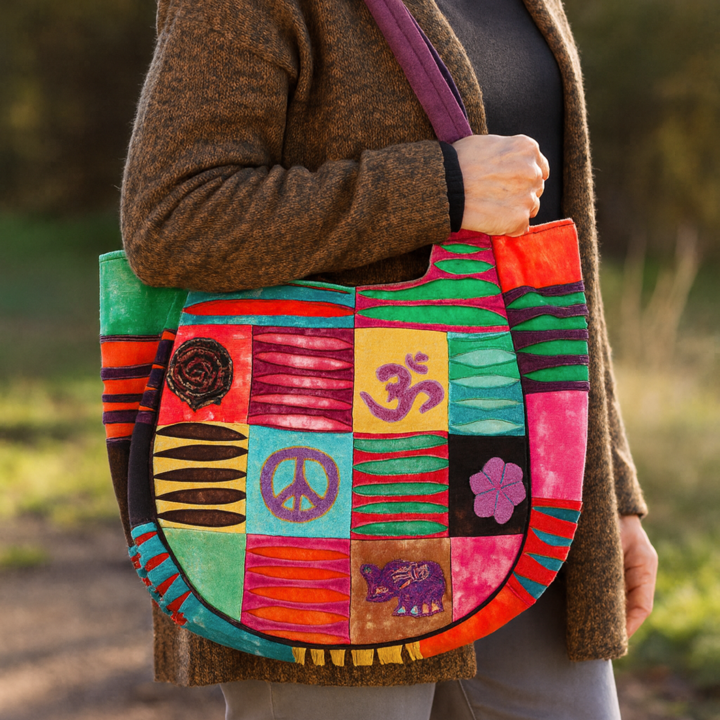 Patchwork Tote Bag with Embroidered Symbols