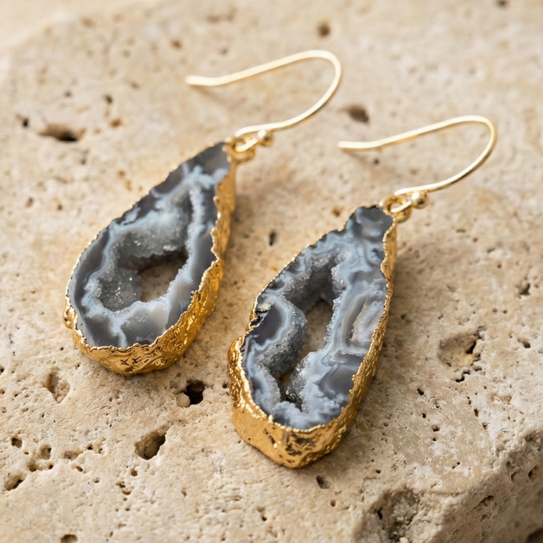 Black Onyx Geode Drop Earrings