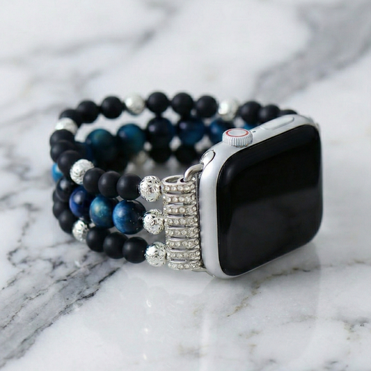 Beaded Smart Watch Band with Blue Tiger Eye and Black Onyx