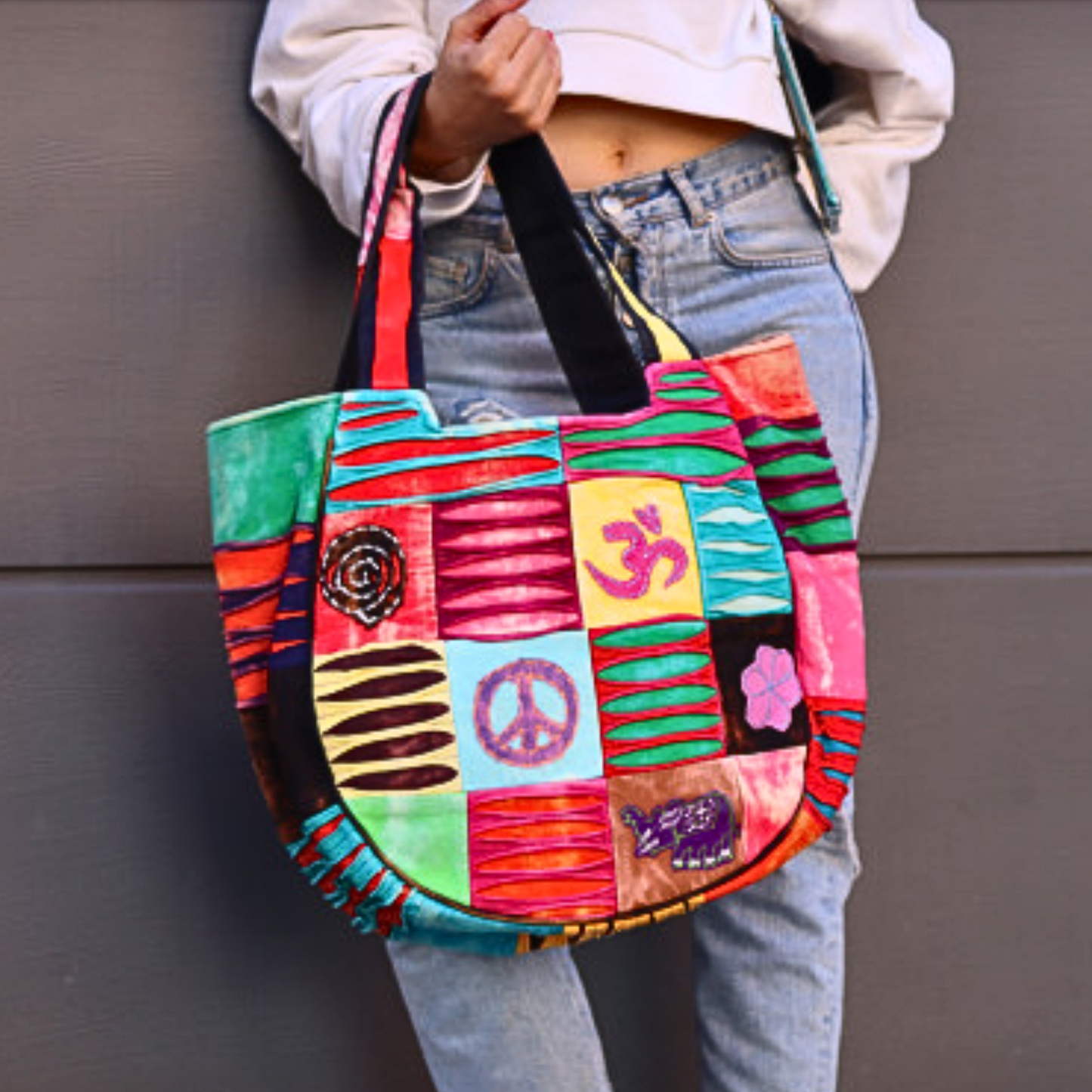 Patchwork Tote Bag with Embroidered Symbols