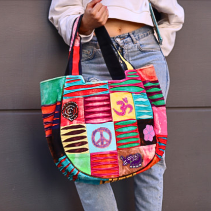 Patchwork Tote Bag with Embroidered Symbols