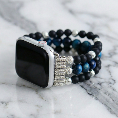 Beaded Smart Watch Band with Blue Tiger Eye and Black Onyx