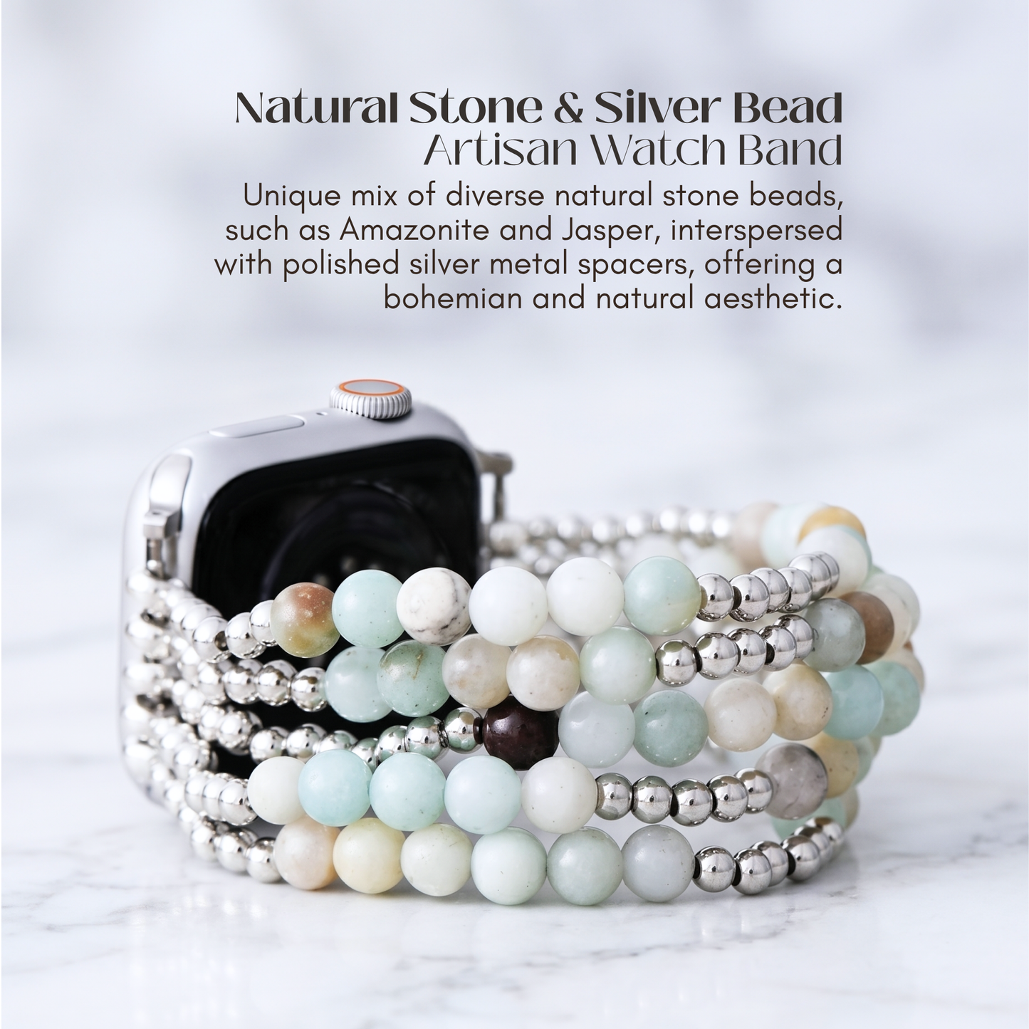 Amazonite & Silver Bead Apple Watch Band
