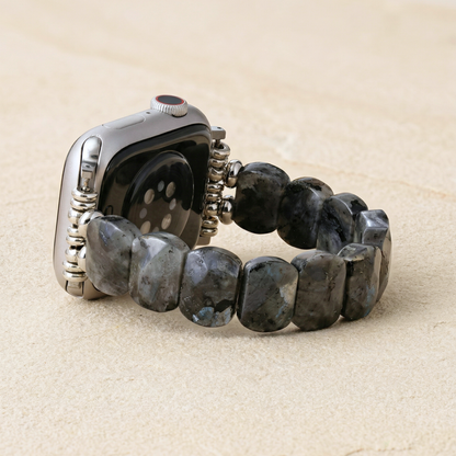 Labradorite stretchy gemstone smartwatch strap, natural stone apple watch band in silver tone style. Unique gift for Mom or Wife