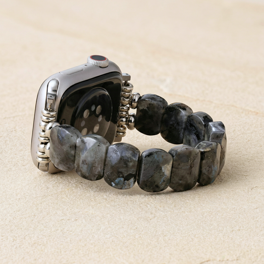 Labradorite stretchy gemstone smartwatch strap, natural stone apple watch band in silver tone style. Unique gift for Mom or Wife
