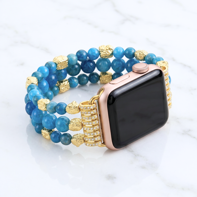 Blue apatite apple watch band with gold tone beaded stretch bracelet