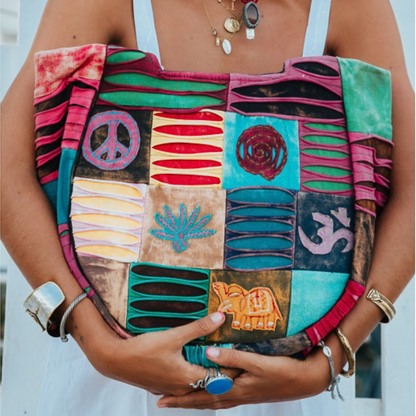 Patchwork Tote Bag with Embroidered Symbols