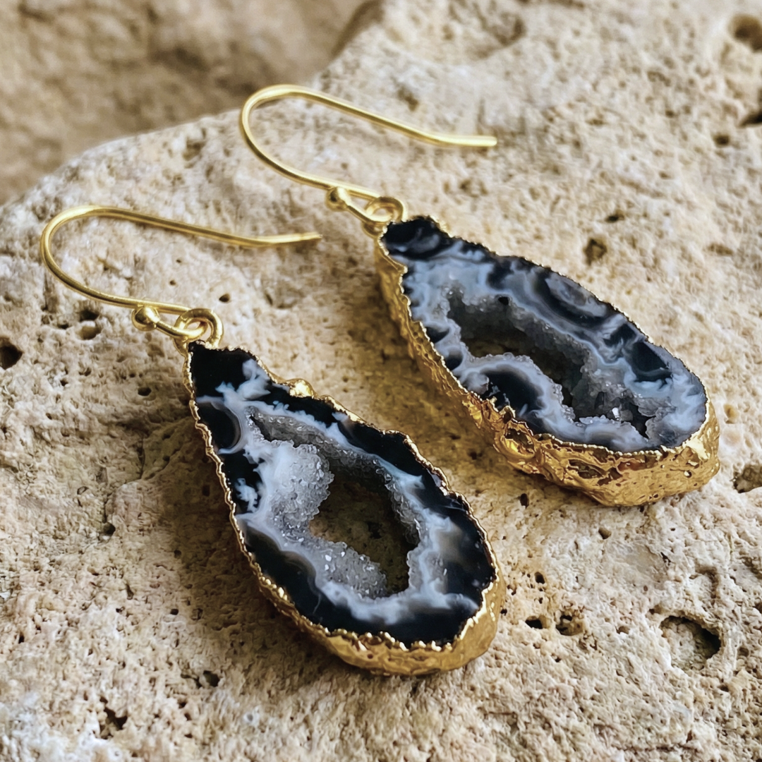 Black Onyx Geode Drop Earrings