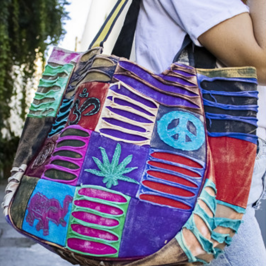 Patchwork Tote Bag with Embroidered Symbols