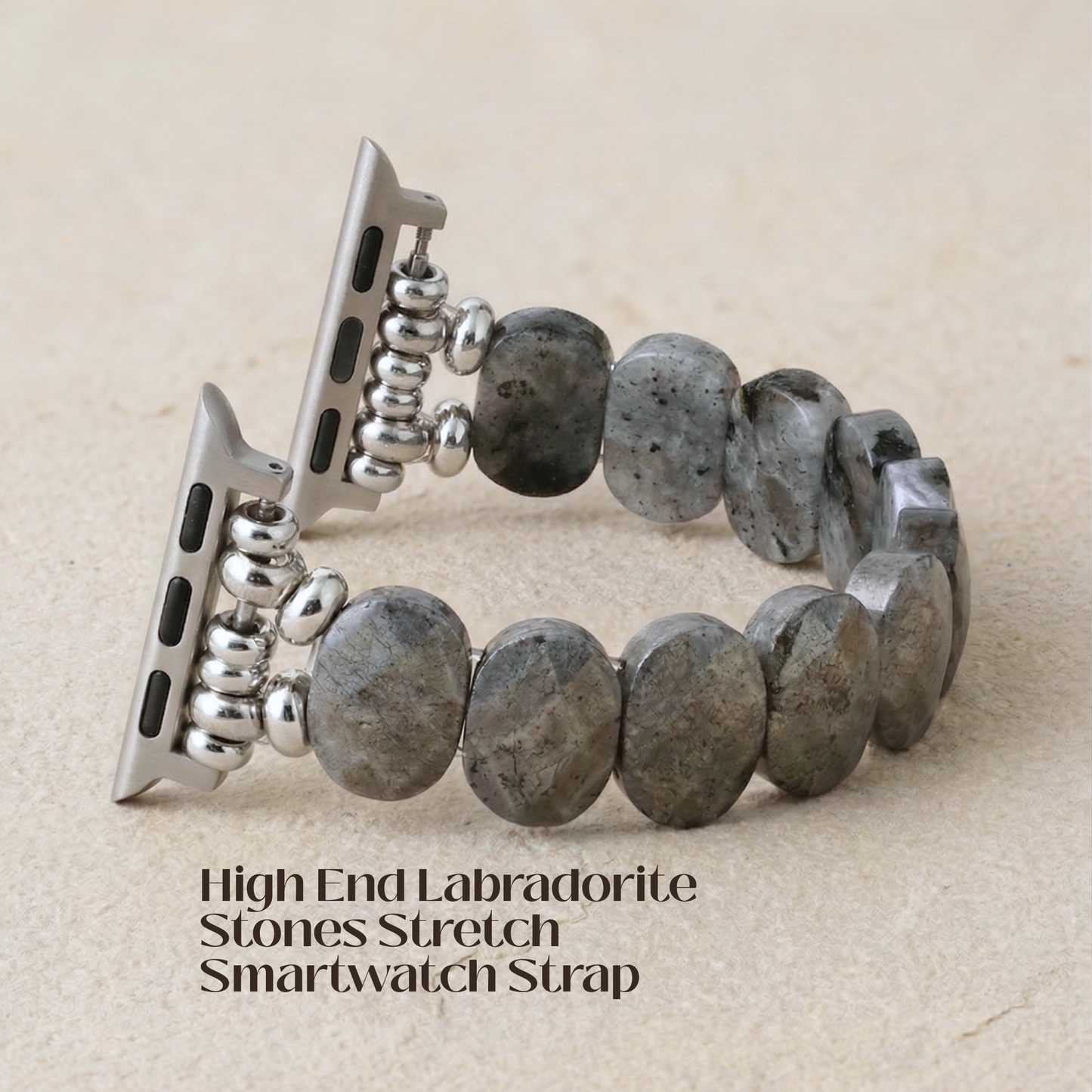 Labradorite stretchy gemstone smartwatch strap, natural stone apple watch band in silver tone style. Unique gift for Mom or Wife
