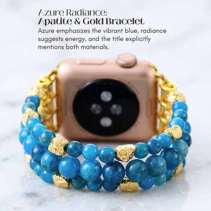 Blue apatite apple watch band with gold tone beaded stretch bracelet