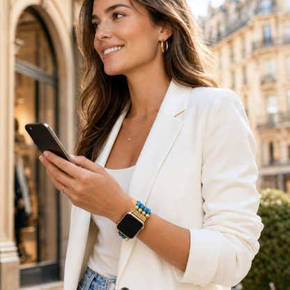 Blue apatite apple watch band with gold tone beaded stretch bracelet