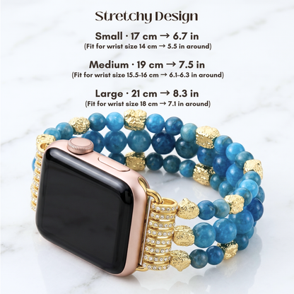 Blue apatite apple watch band with gold tone beaded stretch bracelet