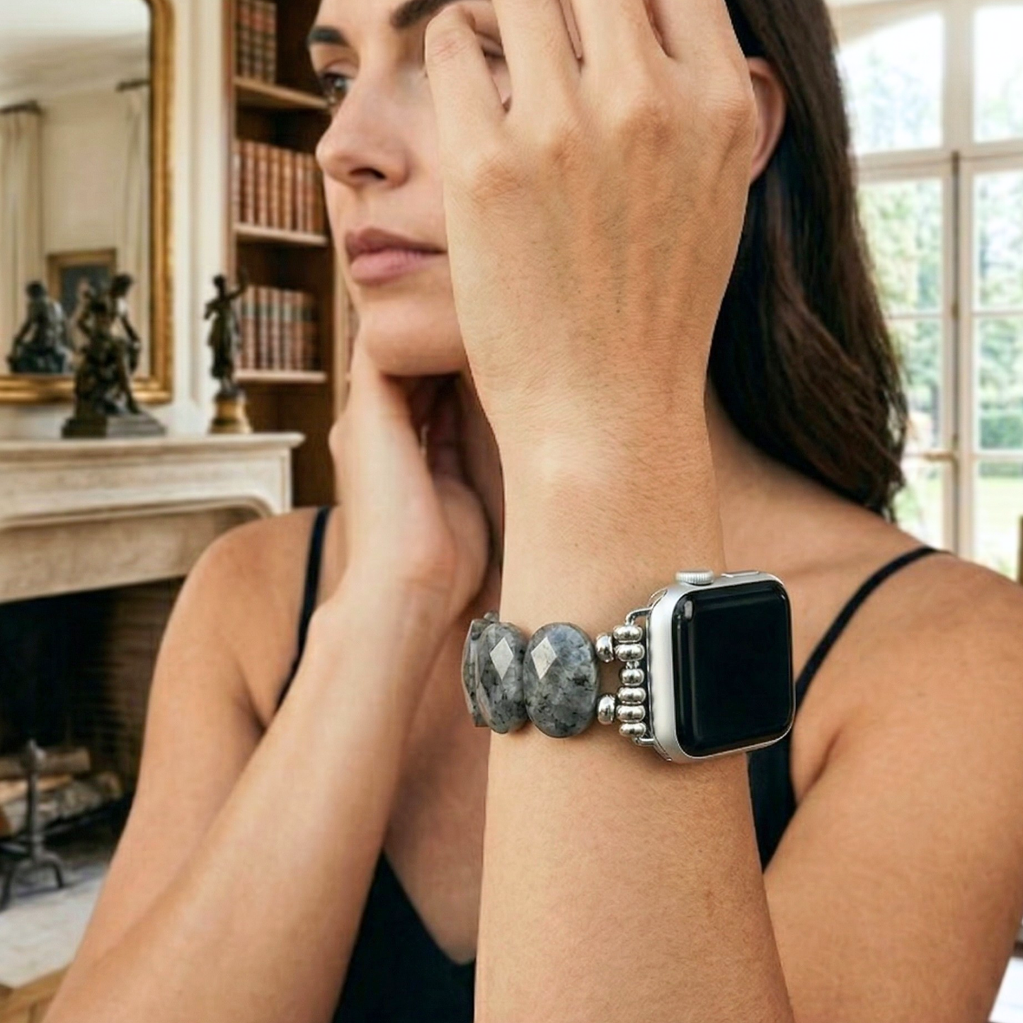 Labradorite stretchy gemstone smartwatch strap, natural stone apple watch band in silver tone style. Unique gift for Mom or Wife