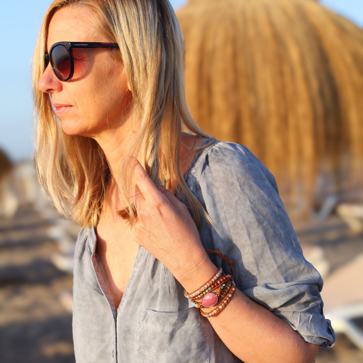 Rhodonite Wrap Bracelet with Vegan Leather
