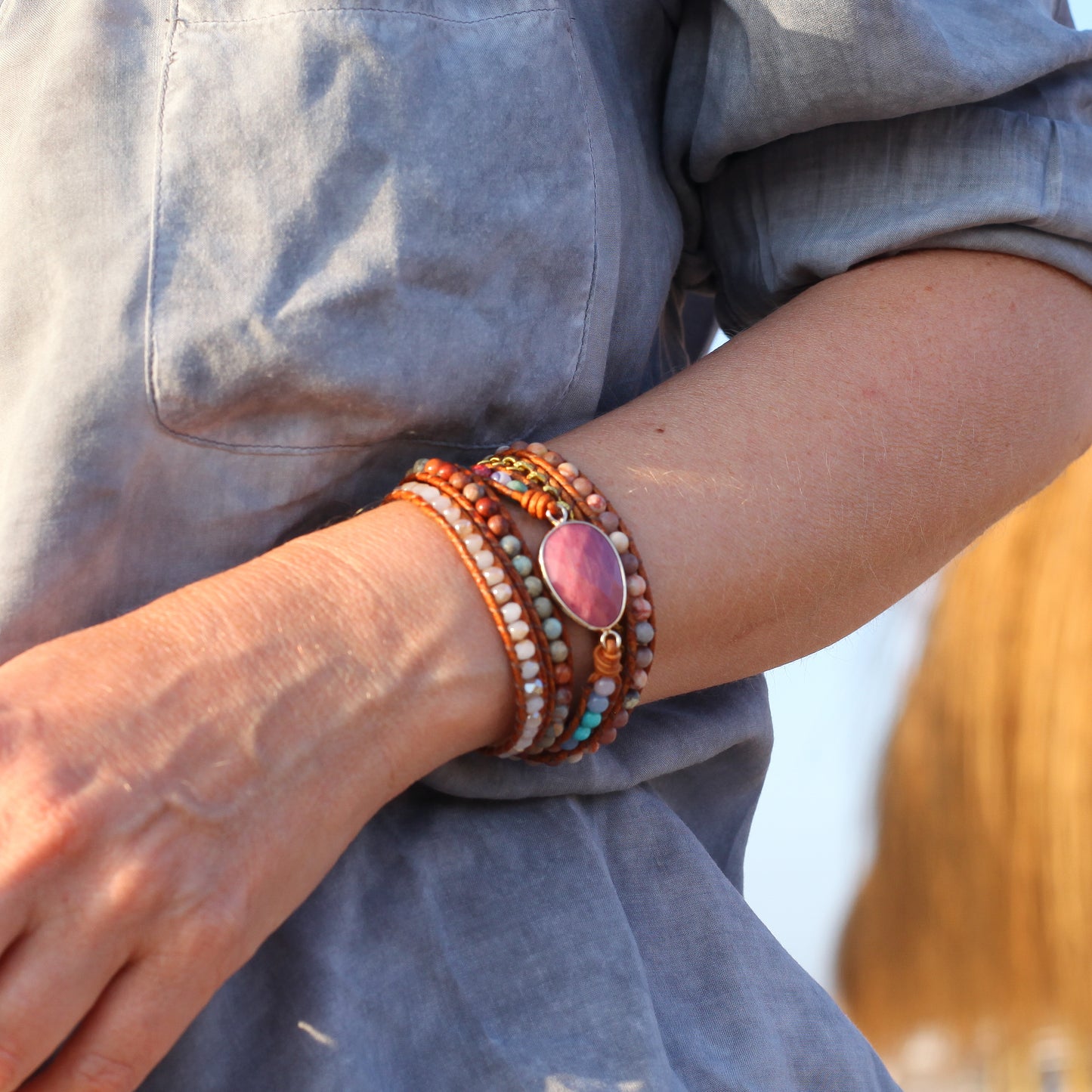 Rhodonite Wrap Bracelet with Vegan Leather