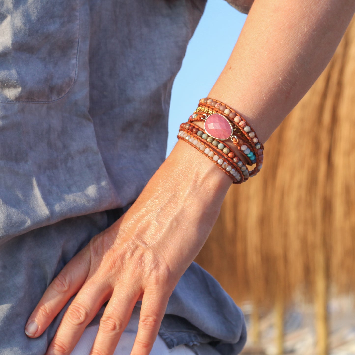 Rhodonite Wrap Bracelet with Vegan Leather