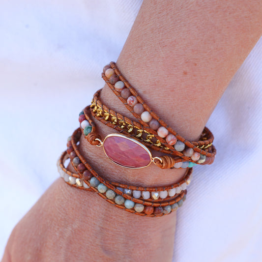 Rhodonite Wrap Bracelet with Vegan Leather