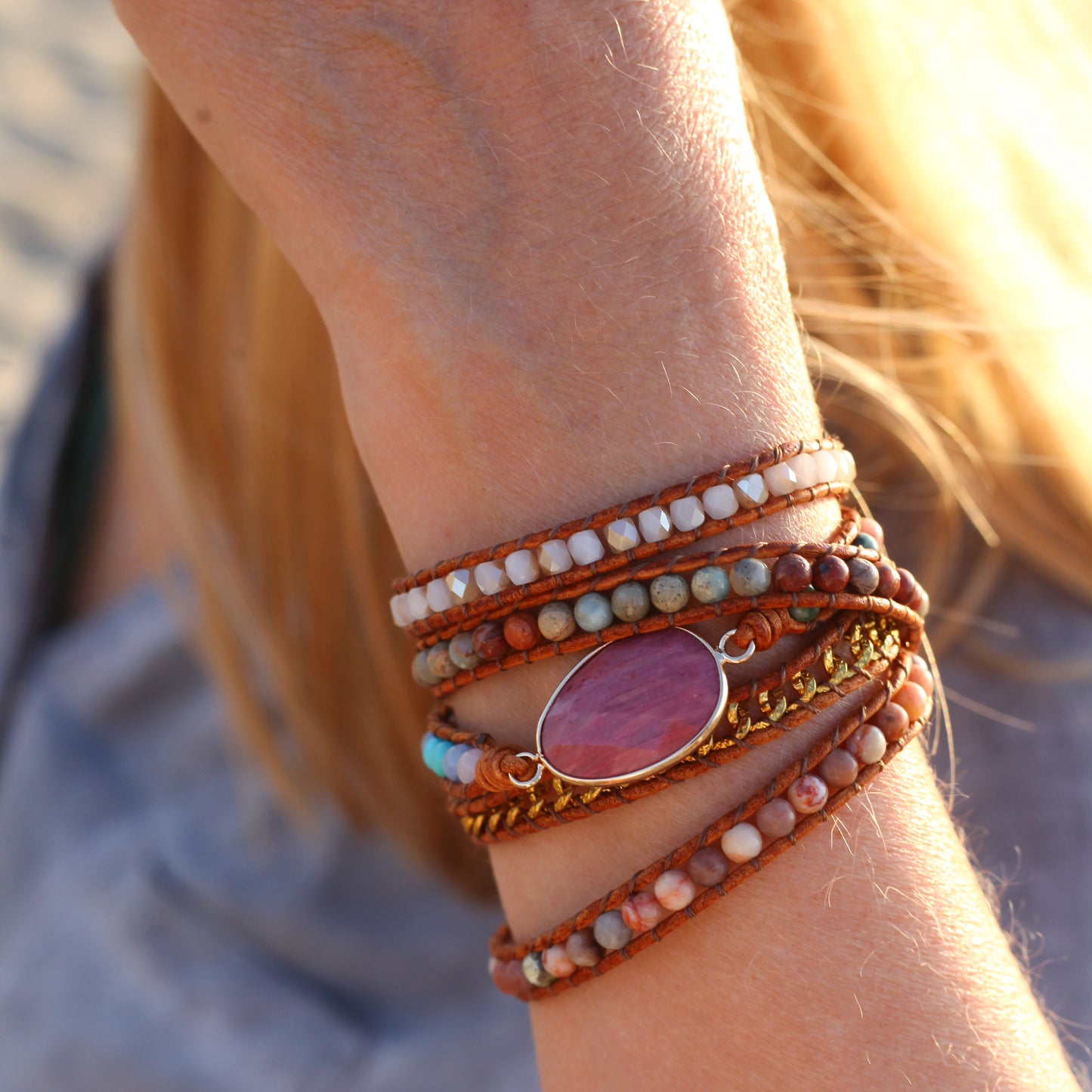 Rhodonite Wrap Bracelet with Vegan Leather