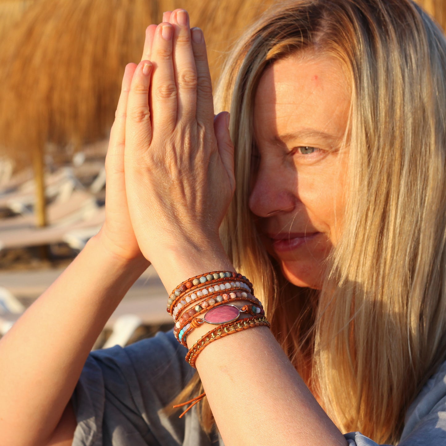 Rhodonite Wrap Bracelet with Vegan Leather