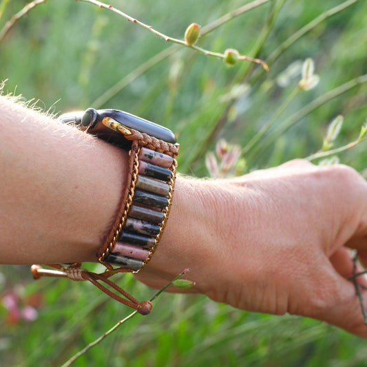 Boho Apple Watch Strap — Genuine Rhodonite Stones, 38–49 mm Compatible