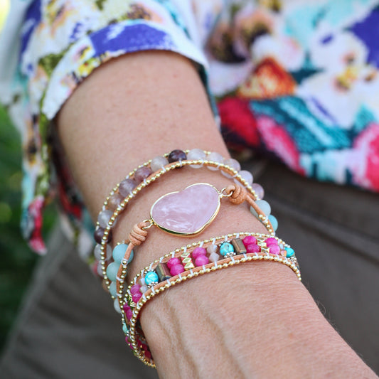 Boho Crystal Wrap Bracelet – Handmade Rose Quartz & Healing Stones Jewelry