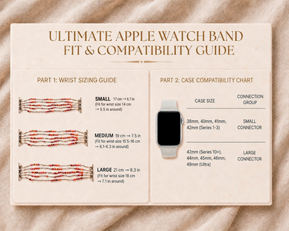Apple Watch band size chart with small, medium and large wrist measurements and case compatibility