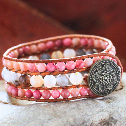 Rhodonite Agate Vegan Leather Bracelet