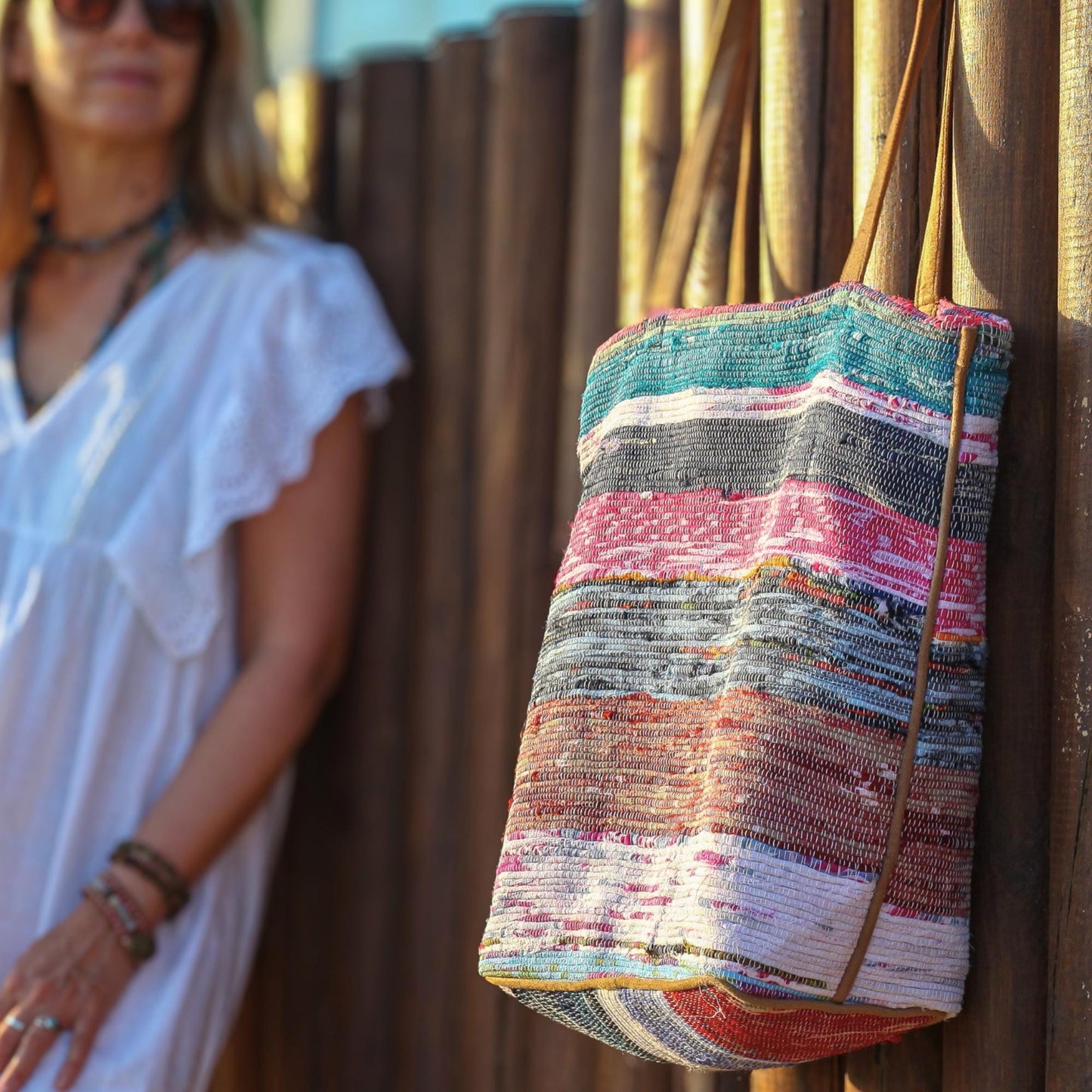 Boho Woven Cotton Tote Bag with Zipper