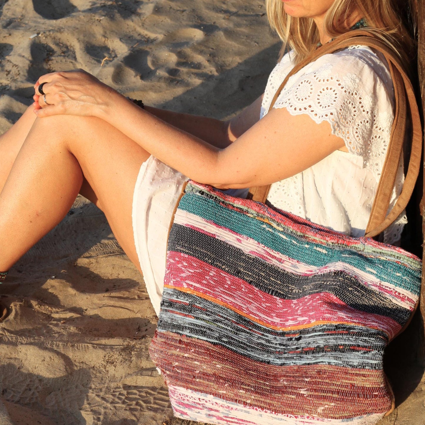 Boho Woven Cotton Tote Bag with Zipper