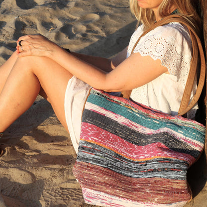 Boho Woven Cotton Tote Bag with Zipper
