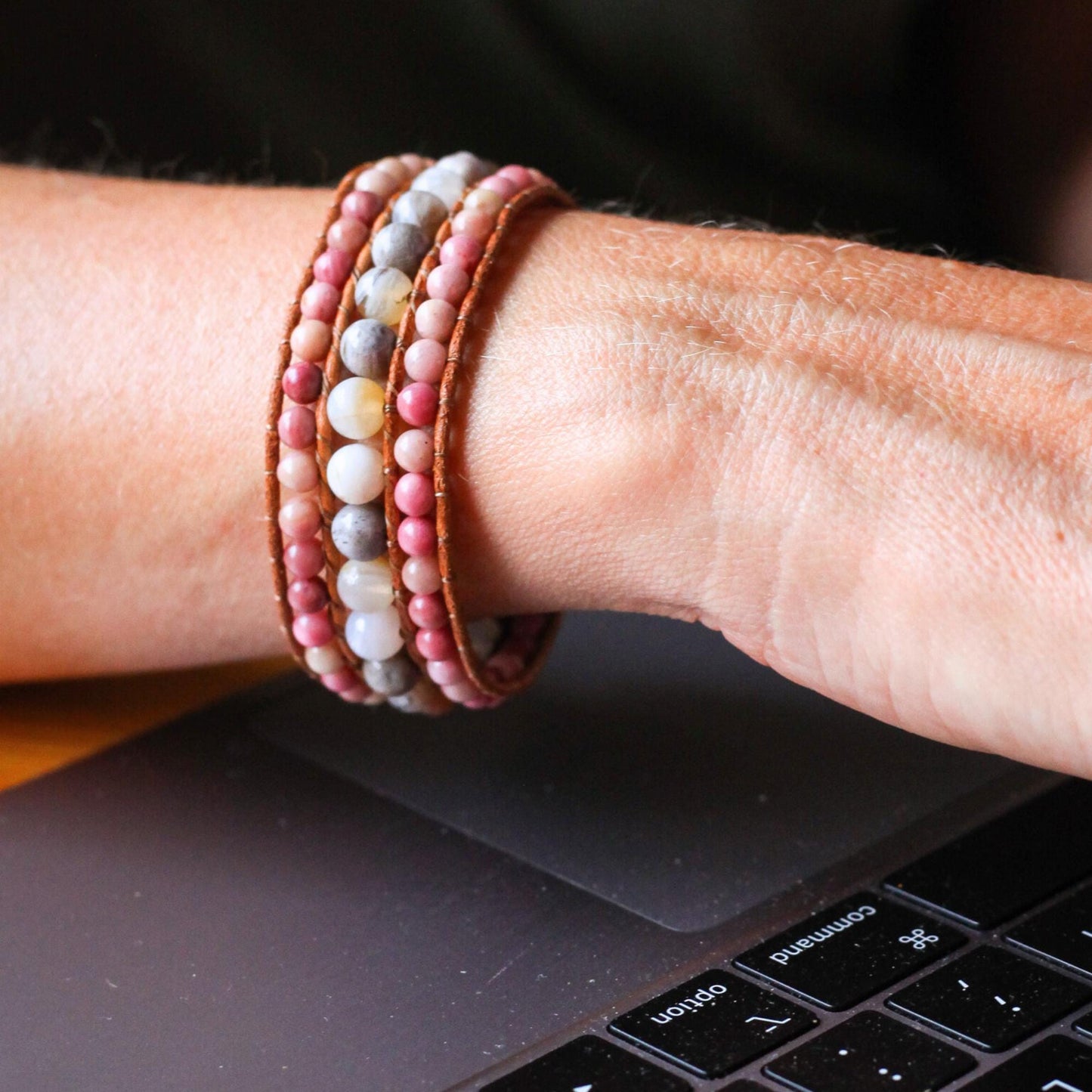Rhodonite Agate Vegan Leather Bracelet