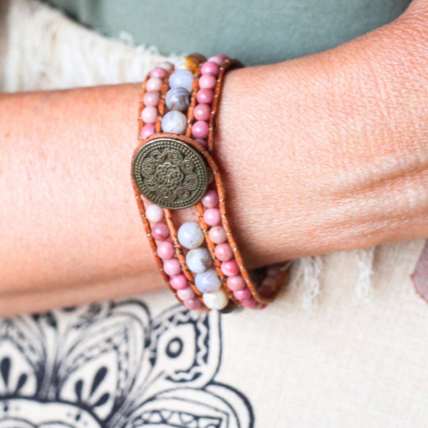 Rhodonite Agate Vegan Leather Bracelet
