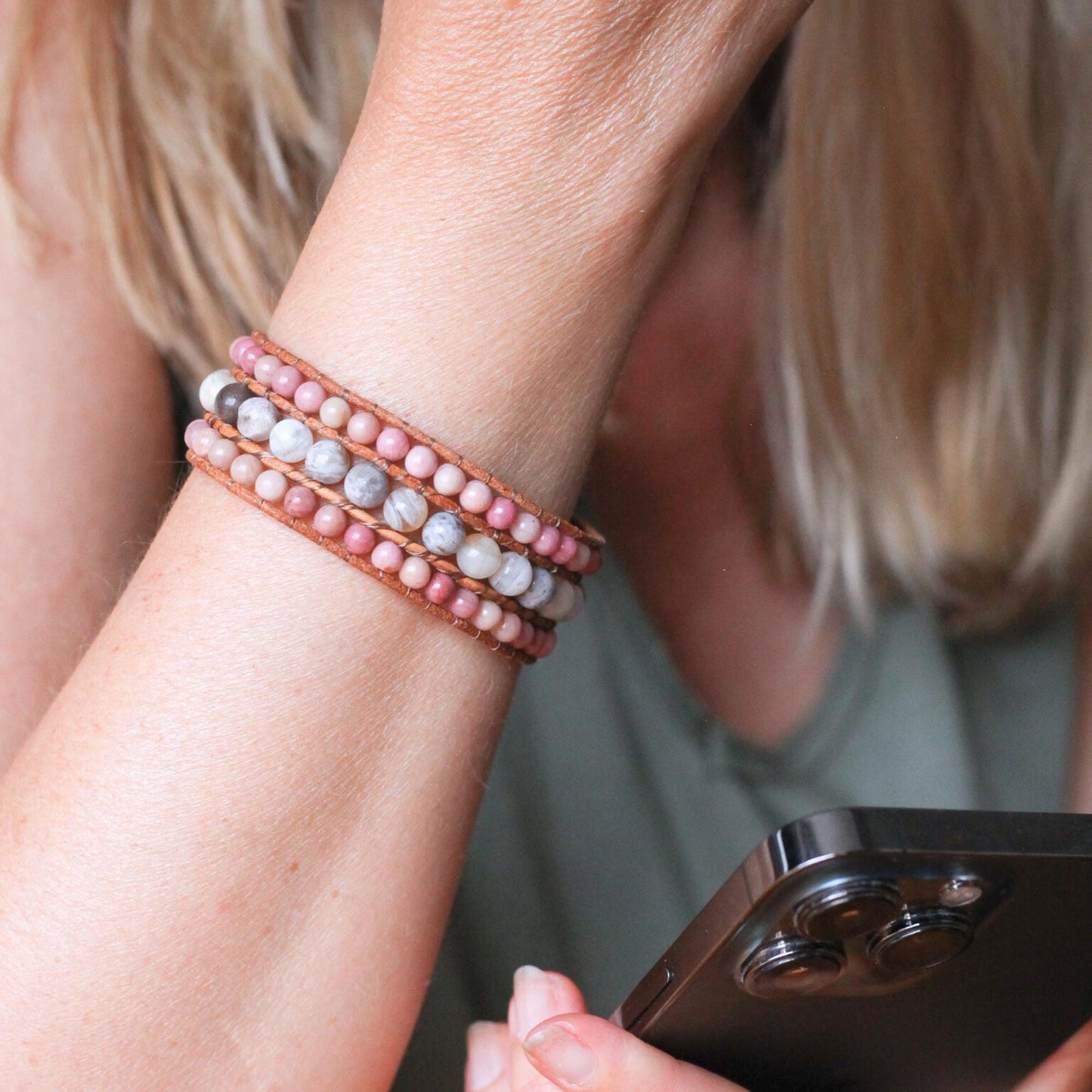 Rhodonite Agate Vegan Leather Bracelet