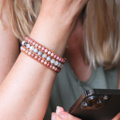 Rhodonite Agate Vegan Leather Bracelet