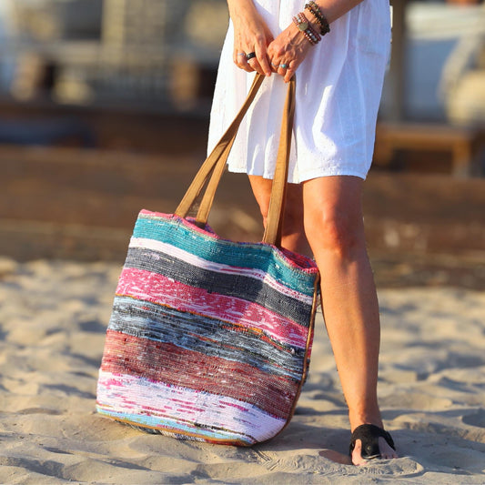 Boho Woven Cotton Tote Bag with Zipper
