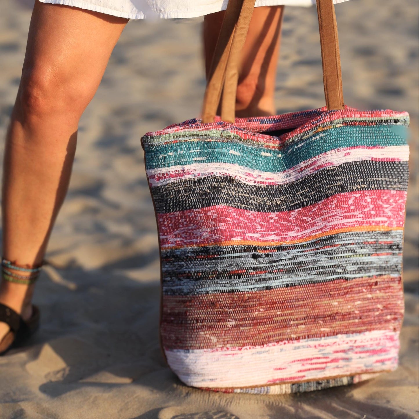 Boho Woven Cotton Tote Bag with Zipper