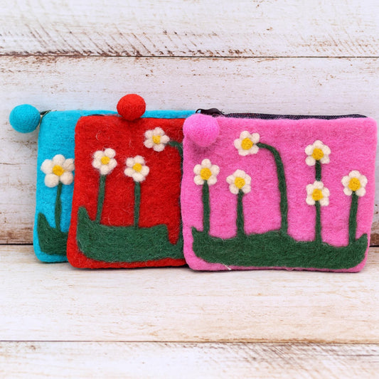 Felt Flower Pouch with Pom Pom Zipper