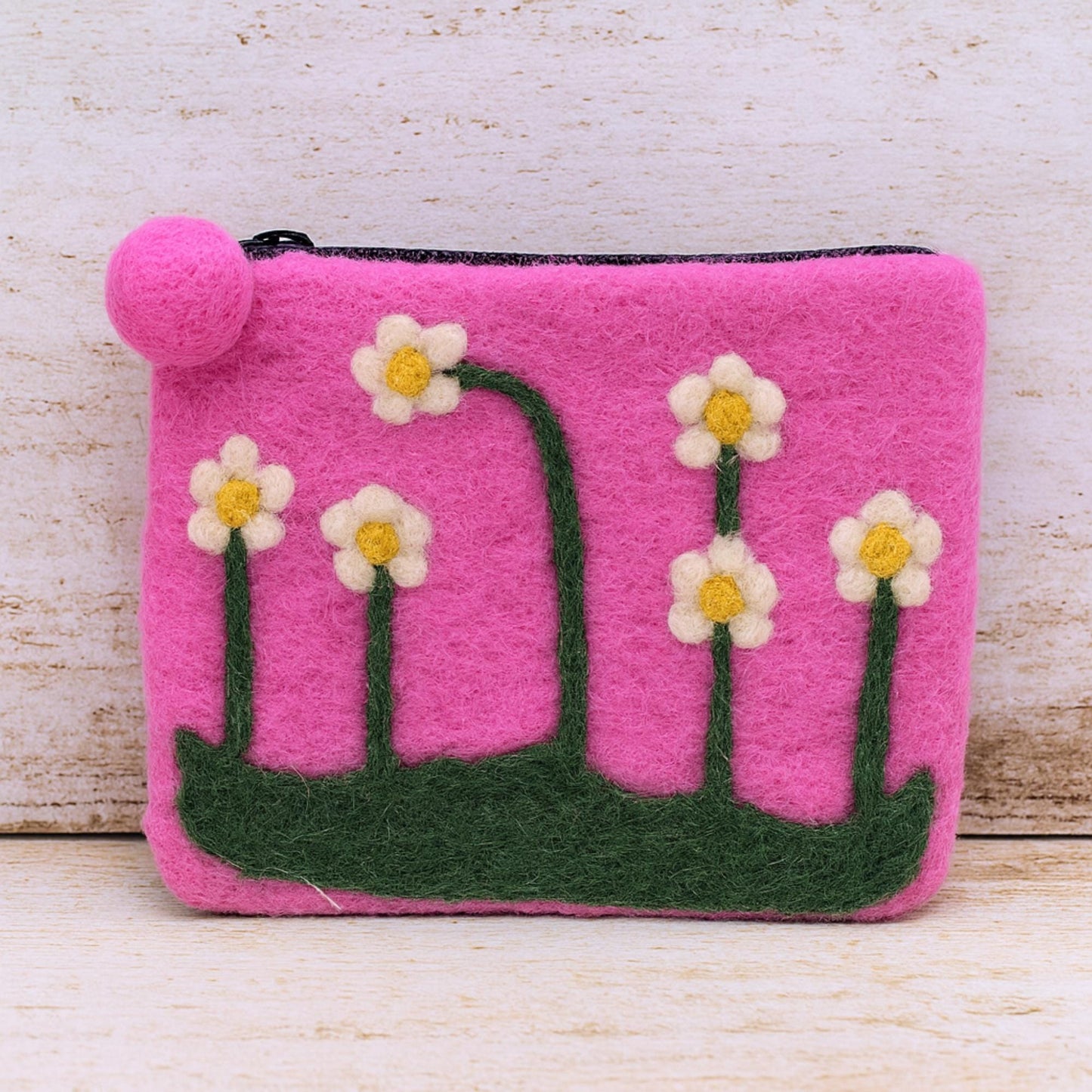 Felt Flower Pouch with Pom Pom Zipper