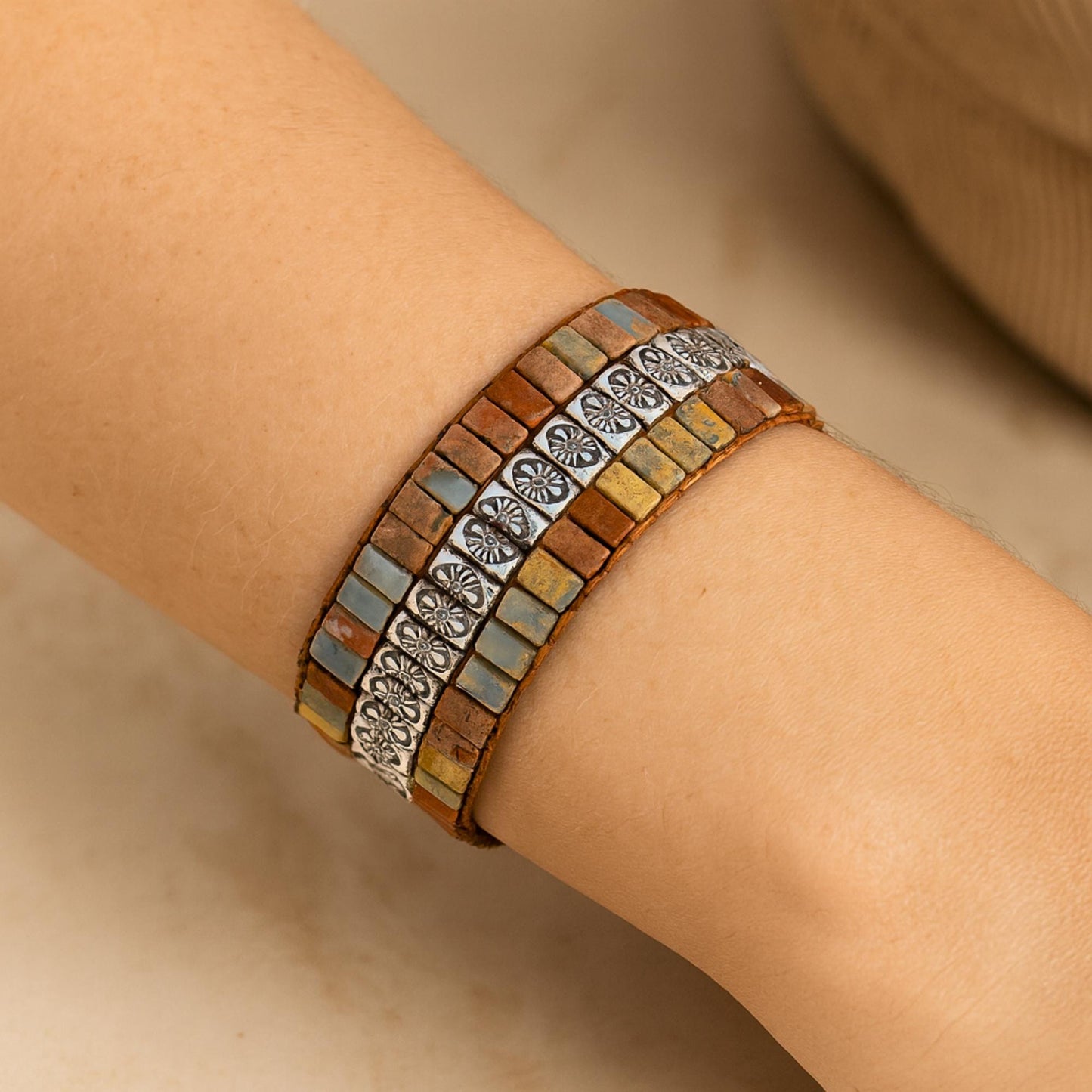 Wrap Bracelet with Natural Stones and Vegan Leather