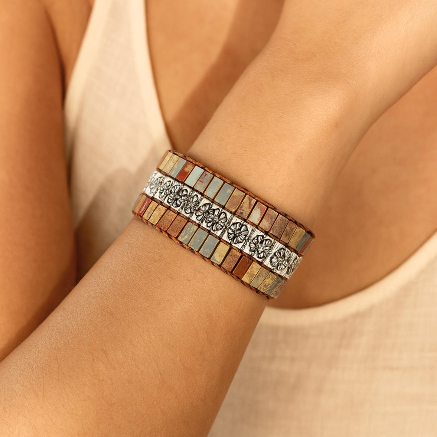Wrap Bracelet with Natural Stones and Vegan Leather