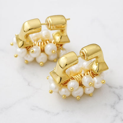 Golden Pearl & Zircon Hoop Earrings