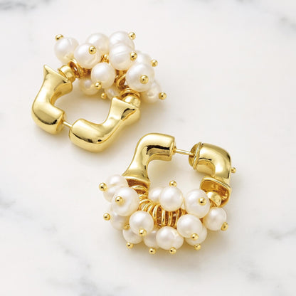 Golden Pearl & Zircon Hoop Earrings