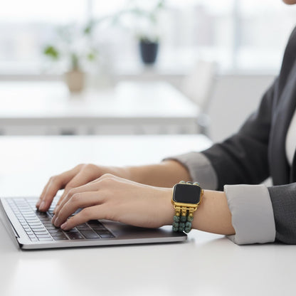 African Turquoise Beaded Watch Band with Gold Details | Gemstone Bracelet Strap | Boho Jewelry Gift for Her